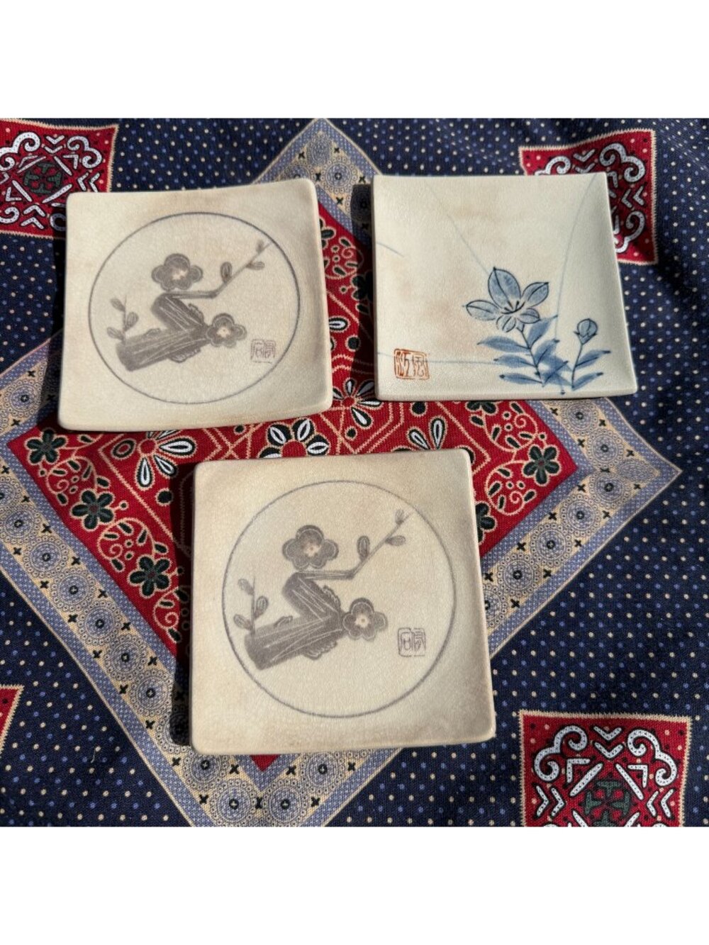 Vtg Set of 3 Japanese Floral Beige Ceramic Coasters